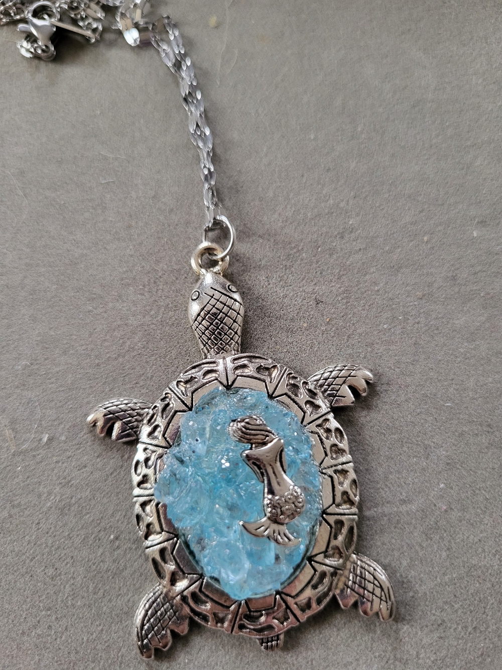 Turtle Pendant Necklace with Blue Crystal and Mermaid Accent